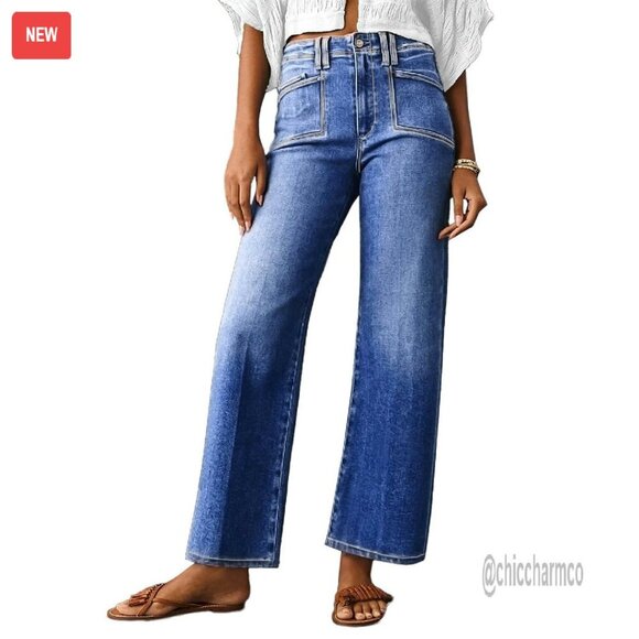 Denim - High Waisted Wide Leg Stretchy Denim Jeans Women's Buttoned Pants
